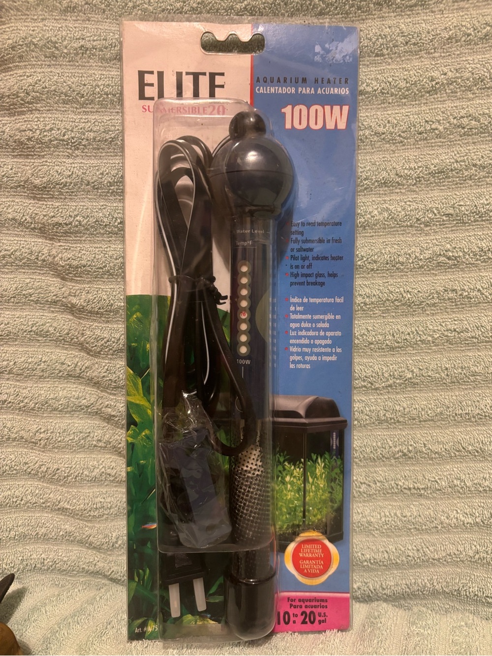 Elite 100W Black Submersible Aquarium Heater Adjustable Thermostat 10-20GAL. NEW